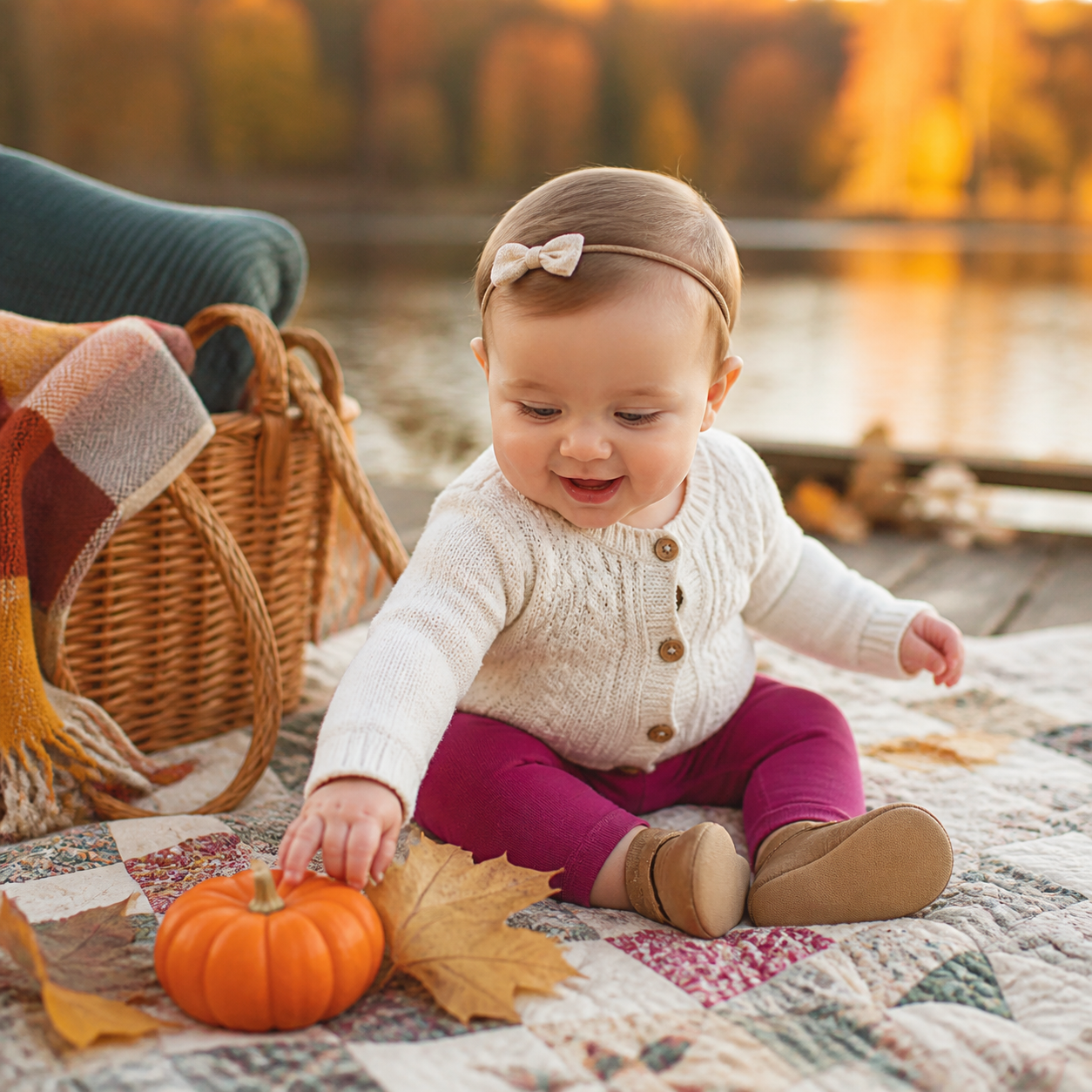 Baby enjoying a cozy fall lakeside picnic