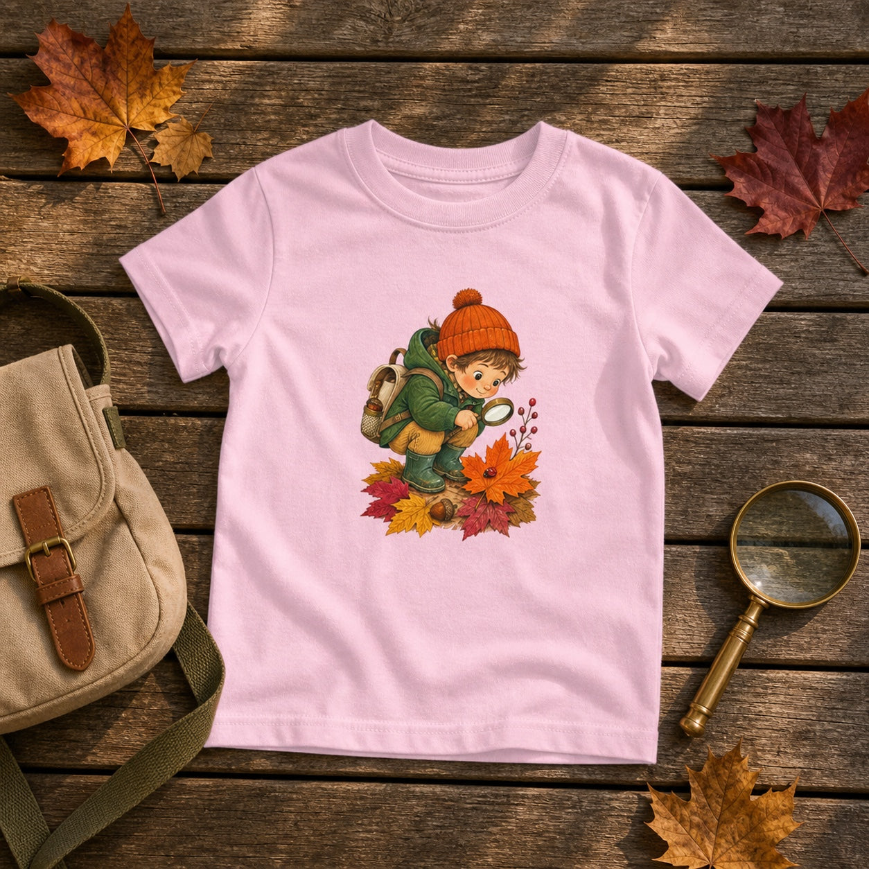 Custom editorial flat-lay of the Bug Hunt Explorer toddler tee