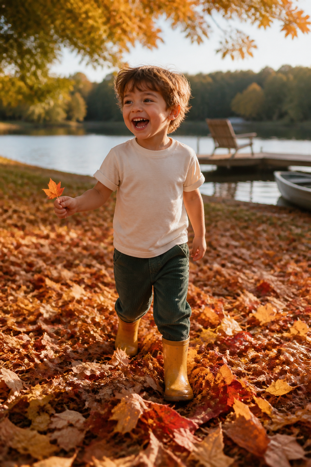 Child exploring an autumn leaf pile by the lake