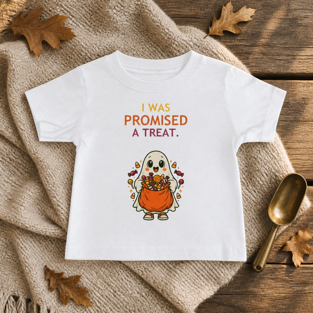 Custom editorial flat-lay of the I Was Promised a Treat baby tee