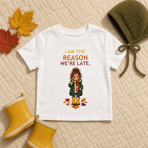 Custom editorial flat-lay of the I Am the Reason We’re Late baby tee