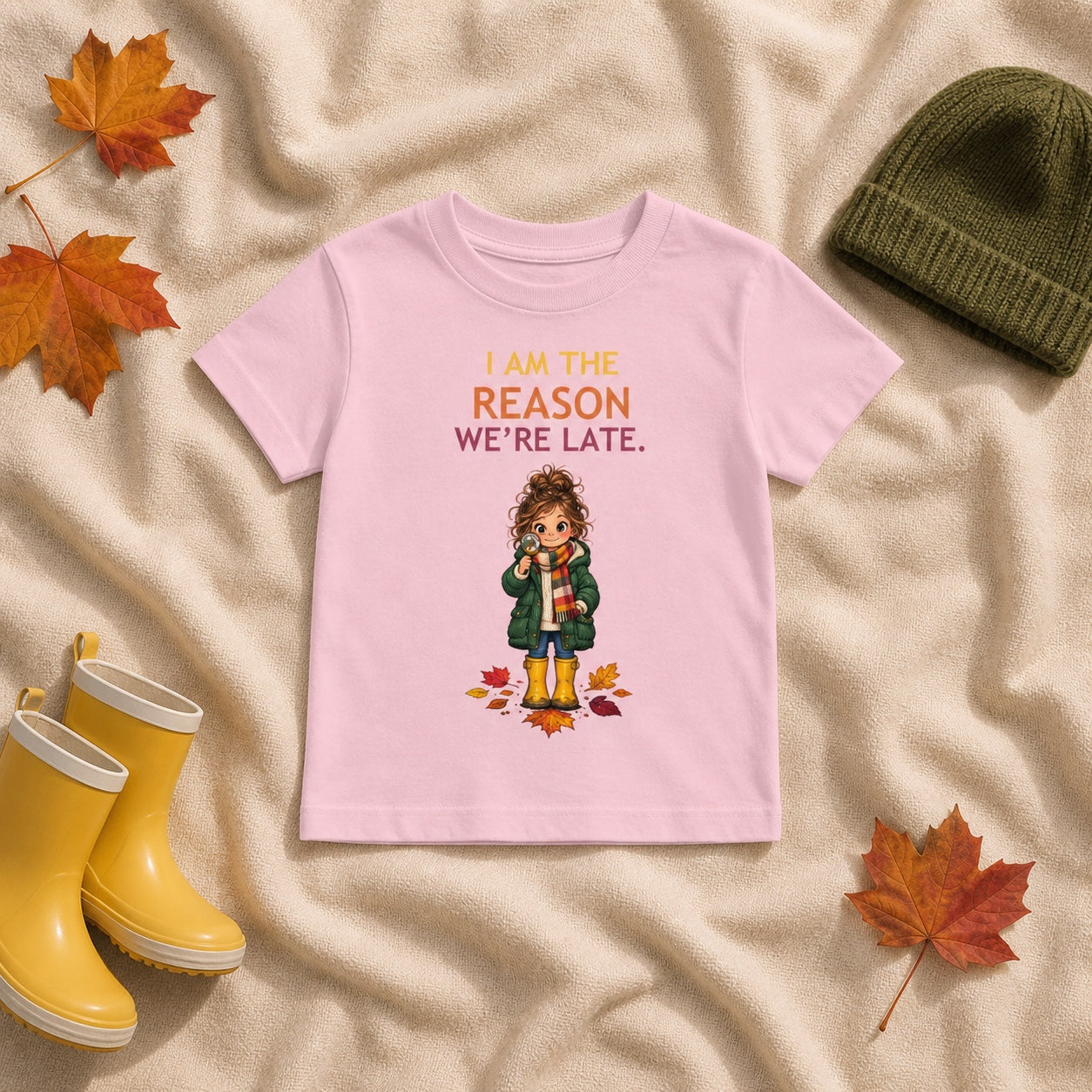 Custom editorial flat-lay of the I Am the Reason We’re Late toddler tee