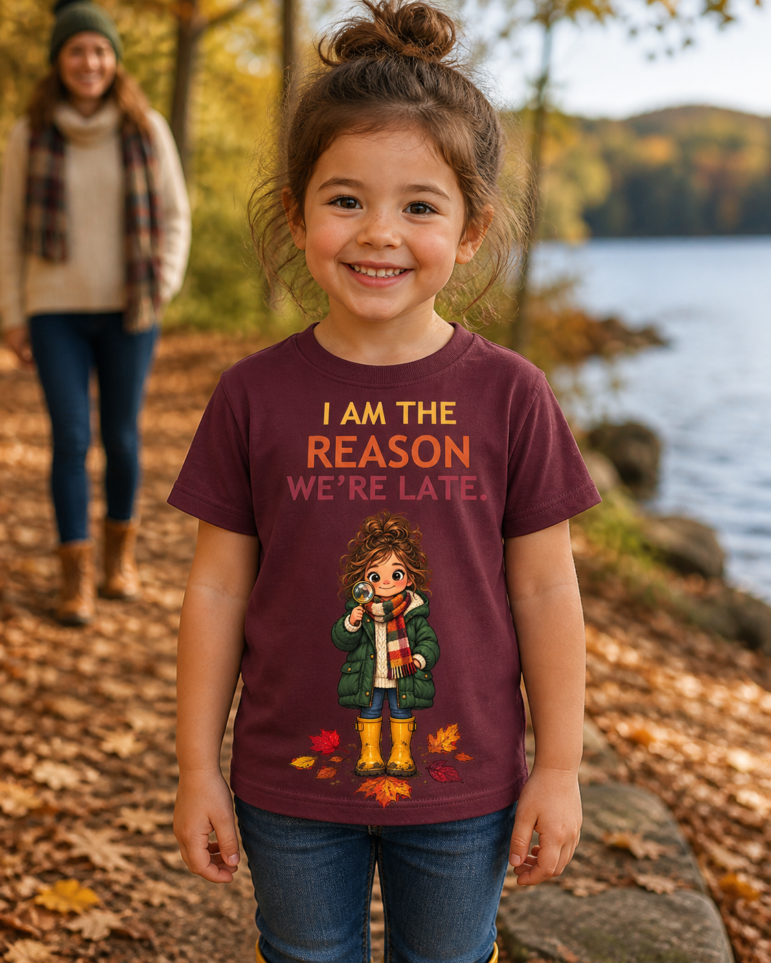 Child wearing the I Am the Reason We're Late tee on a fall lakeside trail